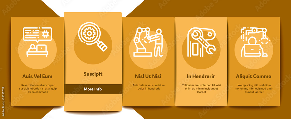 Fototapeta premium Robotics Master Onboarding Mobile App Page Screen Vector. Human Worker With Drone And Robot Machine, Robotics Artificial Intelligence And Binary Code Linear Pictograms. Color Contour Illustrations