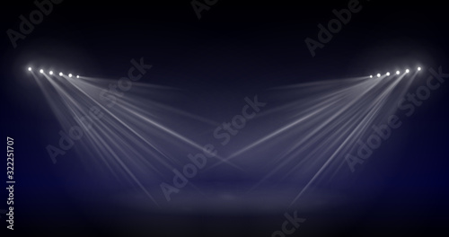 Scene illumination light, vector transparent flash light effect, sunlight special lens. Bright gold flashes and lighting with spotlights. Spot lighting of the stage.