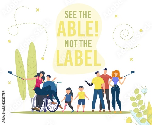 Disabled People Active and Full Life Trendy Flat Vector Concept. Paraplegic Man in Wheelchair, Disabled Teenager, Children with Limb Prosthesis Standing Together, Shooting Mobile Selfie Illustration