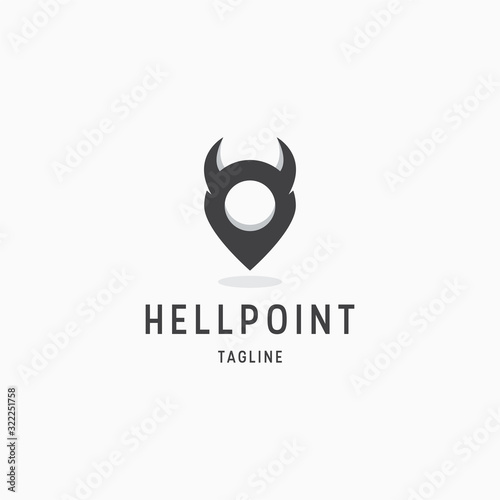 Awesome Hell point logo design template. Pin map, horn, location, dark vector illustration