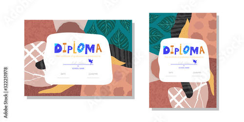 Horizontal and vertical Diploma template for kids. Modern colorful Vector illustration template certificate background with hand drawn letters of Preschool school, preschool or playschool. 