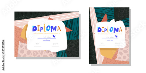 Horizontal and vertical Diploma template for kids. Modern colorful Vector illustration template certificate background with hand drawn letters of Preschool school, preschool or playschool. 
