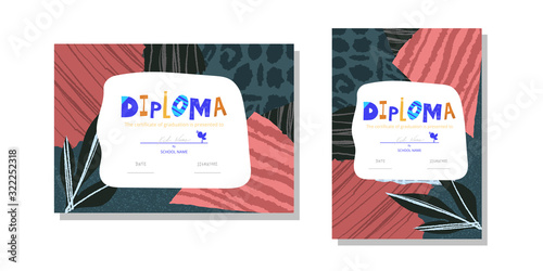 Horizontal and vertical Diploma template for kids. Modern colorful Vector illustration template certificate background with hand drawn letters of Preschool school, preschool or playschool. 