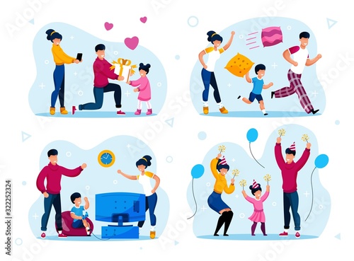 Family Party, Holiday Celebrations and Kids Discipline Trendy Flat Vector Concepts Set. Parents with Children Running and Fooling Around, Playing Video Games, Celebrating Holiday Together Illustration