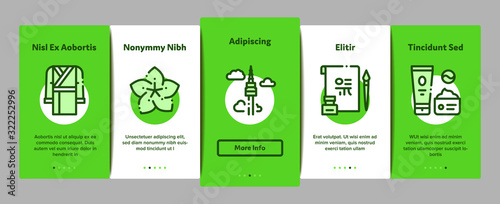 Korea Traditional Onboarding Mobile App Page Screen Vector. Korea Flag And Wearing, Food And Drink, Palace Building And Gong, Fan And Lantern Linear Pictograms. Color Contour Illustrations