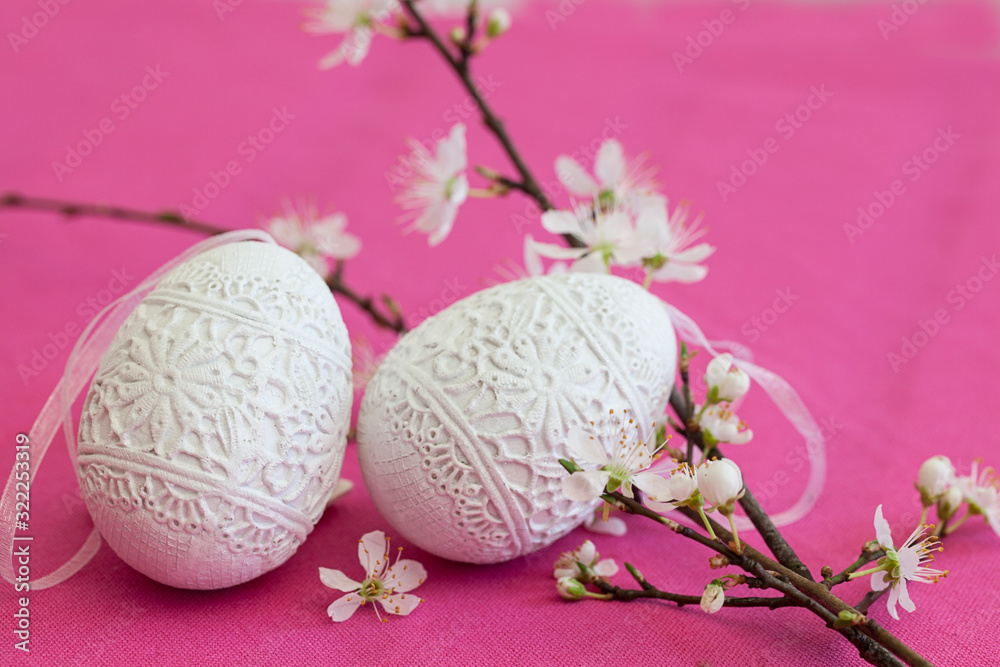 Decorative White Easter Eggs And Blossom Decorative White Easter Eggs And Blossom