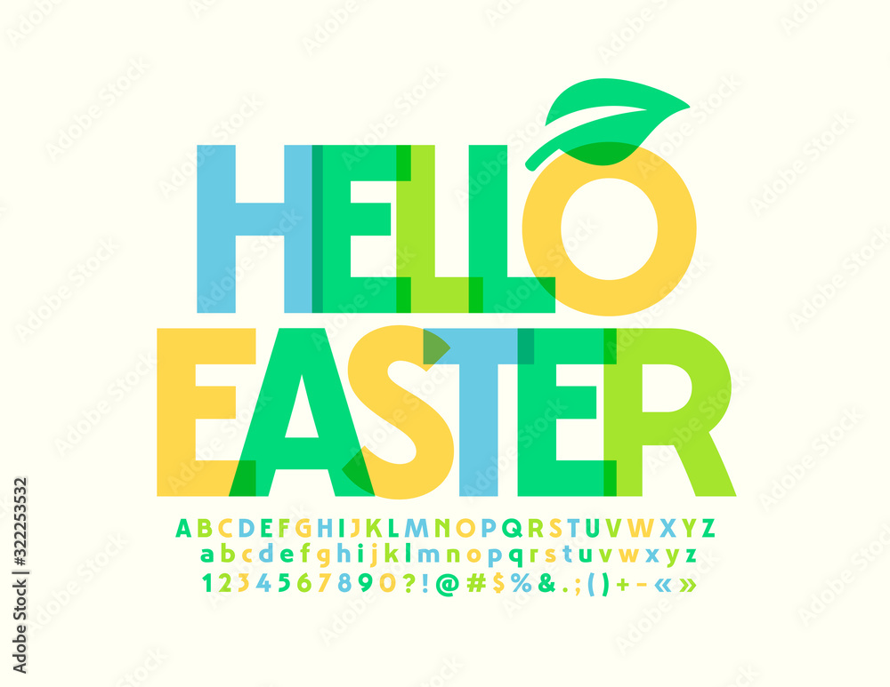 Vector colorful Emblem Hello Easter. Stylish Watercolor Font. Artistic Alphabet Letters and Numbers.
