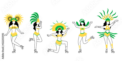 Brazil carnival dancers flat silhouette vector illustrations set. Ladies in carnival wear 2D isolated outline character on white background. Masquerade. Women in bikini. Female performers drawing