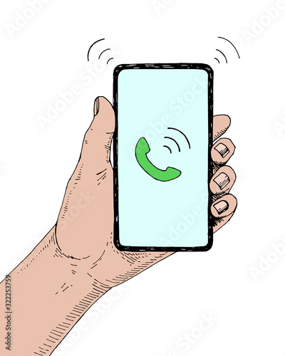 Hand drawn sketch of modern smartphone in hand. Handset icon on display. Incoming call concept. Vector mobile device illustration