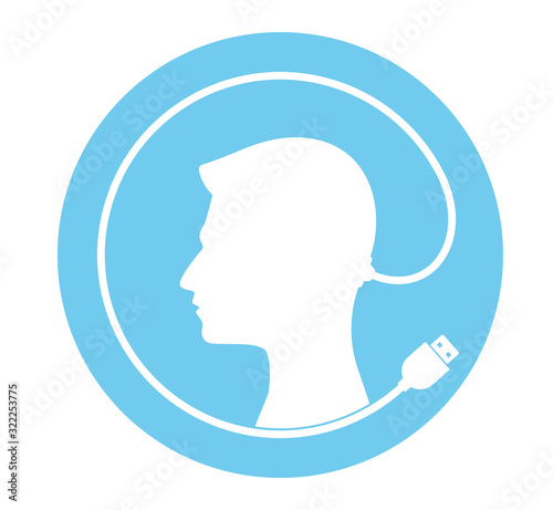 Vector blue icon silhouette of a man in a circle with USB cable. Isolated on white background.