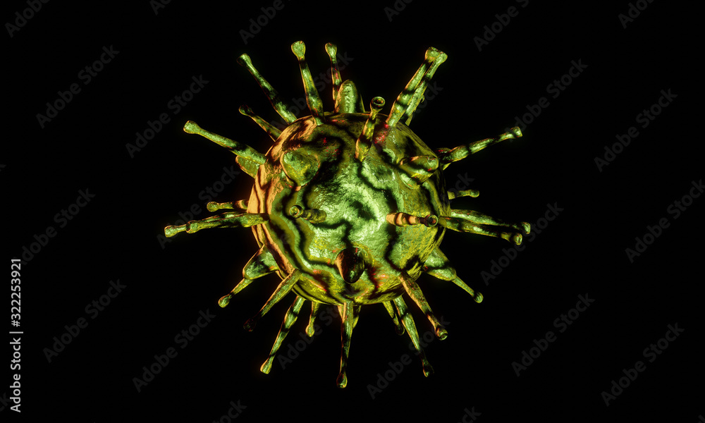Abstract bacteria or virus cell in spherical shape with long antennas. Corona virus from Wohun , China crisis concept. Pandemic or virus infection concept - 3D Rendering. Abstract bacteria or virus cell in spherical shape with long antennas. Corona virus from Wohun , China crisis concept. Pandemic or virus infection concept - 3D Rendering.