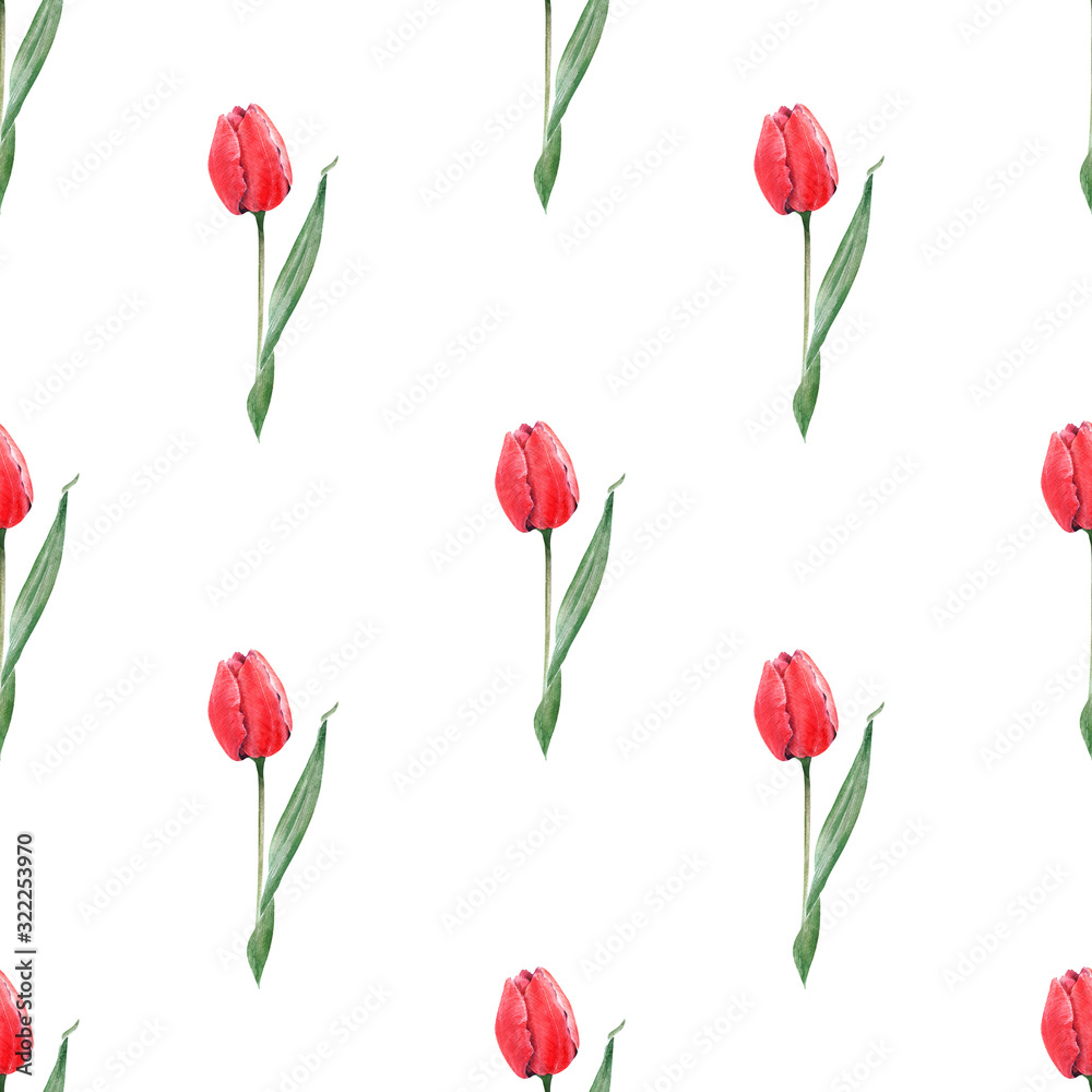 Watercolor seamless pattern with elegant red tulips. Buds, flowers and leaves Watercolor seamless pattern with elegant red tulips. Buds, flowers and leaves