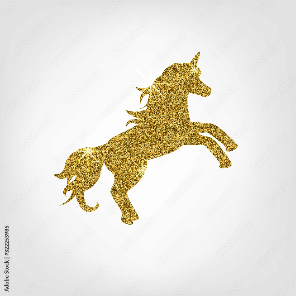 Obraz premium Silhouette of unicorn on white background. Vector illustration. Shape of unicorn. Graphic badge, banner, icon, print or logo.