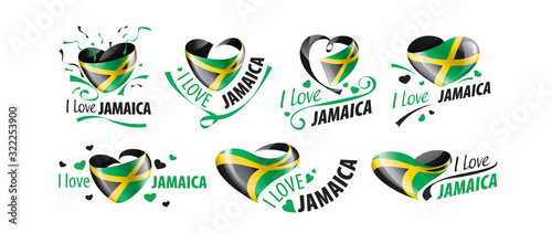 National flag of the Jamaica in the shape of a heart and the inscription I love Jamaica. Vector illustration