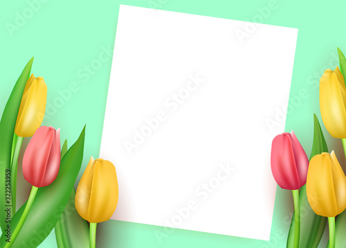 Template for congratulations on March 8 and International Women's Day, a lot of realistic multi-colored tulips with a card for signature. Vector stock illustration.