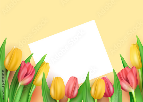 Template for congratulations on March 8 and International Women's Day, a lot of realistic multi-colored tulips with a card for signature. Vector stock illustration.