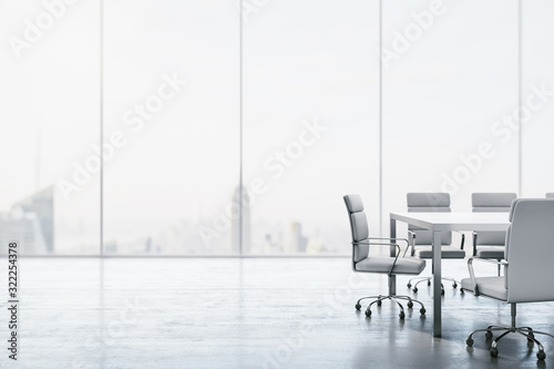Furnished white conference room with table, chairs and large window overlooking the city. 3D Rendering