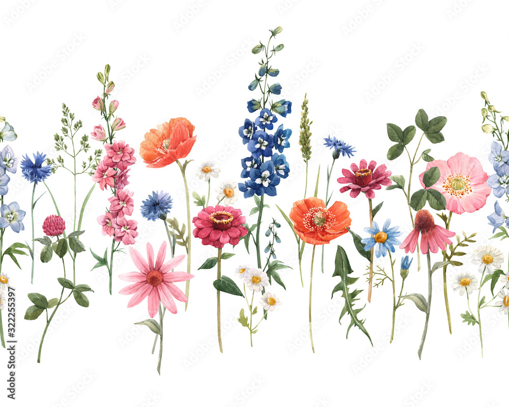 Beautiful floral summer seamless pattern with watercolor hand drawn field wild flowers. Stock illustration. - obrazy, fototapety, plakaty 