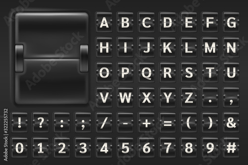 Scoreboard mechanical flip font. Realistic equipment board template for airport and railway station. Alphabet and numbers display board isolated on dark background vector.