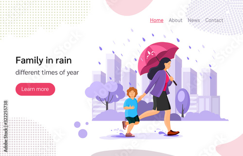 Family with umbrella running in autumn rainy weather rushing home