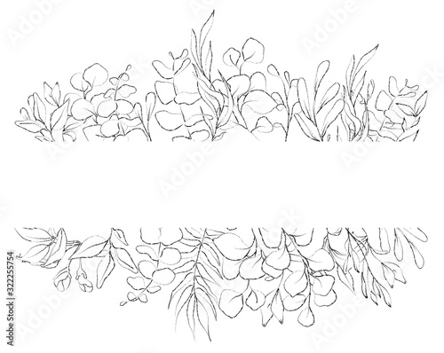Botanical sketched floral frame. Line art hand drawn plants.