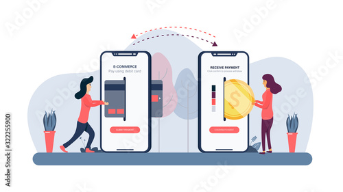 Two young girls process payment using mobile banking vector illustration. Element collection design with business or finance concept for website development or social media advertising.