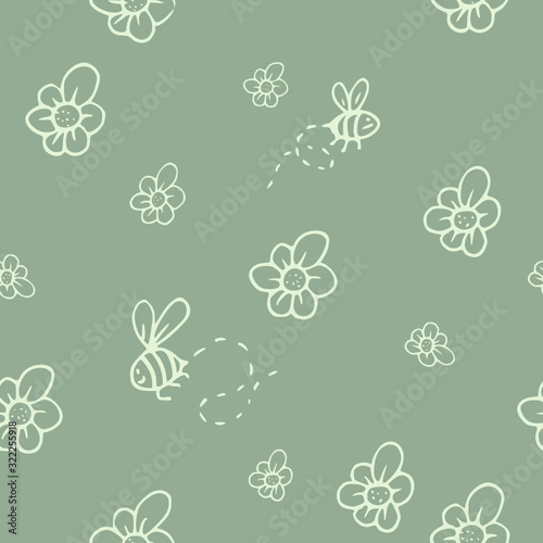 Bumble bee and flower pattern - tileable vector illustration