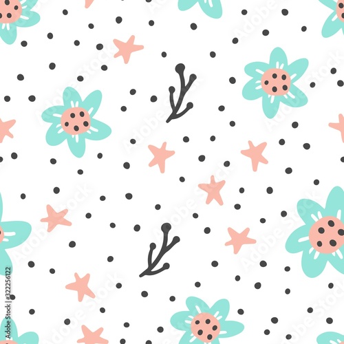 Seamless pattern of simple flowers for textile pattern, wallpaper design. Vector illustration.