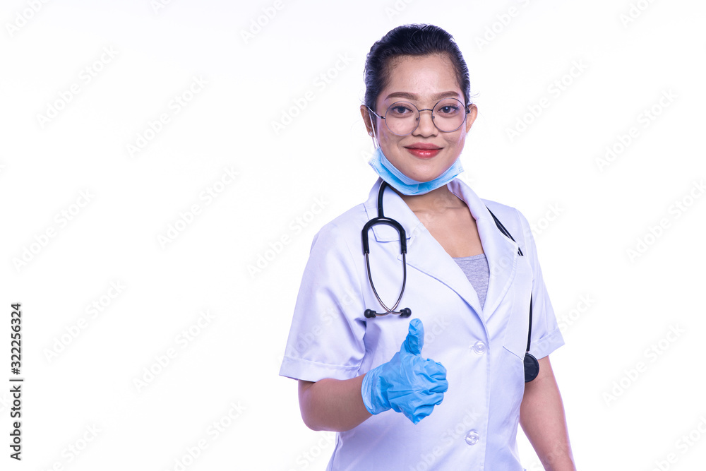 Happy woman doctor giving a thumbs up gesture to show that treatment of a patient has been successful and there is hope for a full recovery, On white background