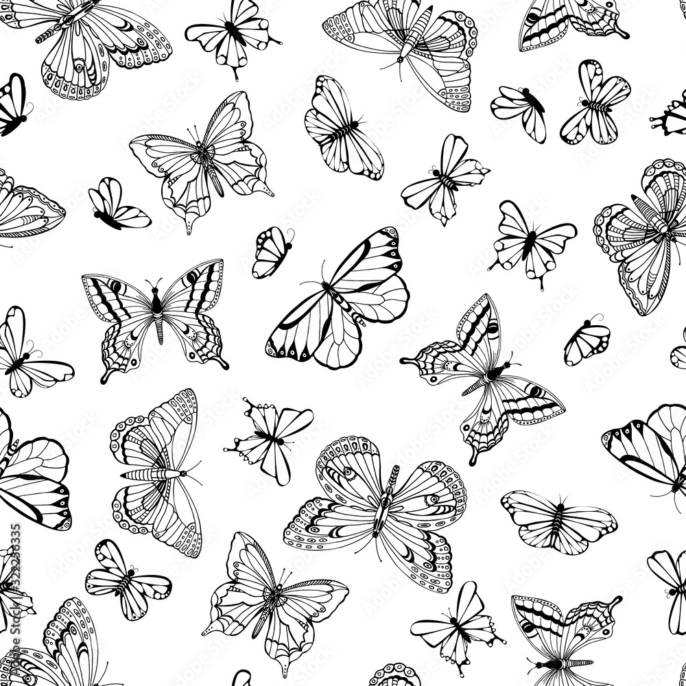 Seamless beautiful black and white pattern with butterfly. Hand-drawn contour lines and strokes. Print for fabric, paper and background.