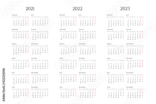 Annual calendar flat vector illustration set. Organizer template for 2021  2022 and 2023 years. Business planner color design. Basic grid with text and numbers on black background.