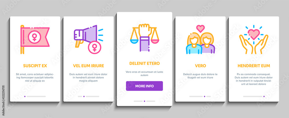 Feminism Woman Power Onboarding Mobile App Page Screen Vector. Feminism Symbol On Flag And Gps Mark, Lesbians And Hand Hold Scales, Equality And Love Linear Pictograms. Color Contour Illustrations