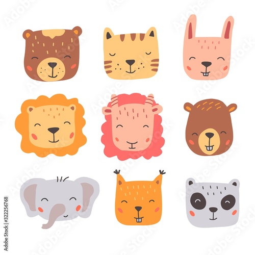 Fototapeta Naklejka Na Ścianę i Meble -  Set of cute wild animals faces, bear, lion, panda, rabbit, fox. Isolated vector illustration animals for baby, kids, child project design. Hand drawn cute style.