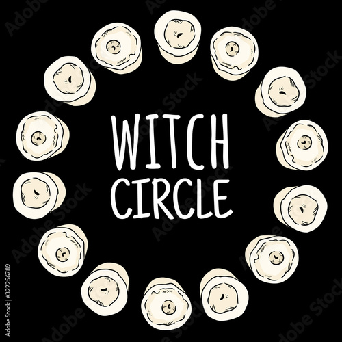 Witch circle boho candles doodles in a wreath composition. Vector wiccan magical circle logo