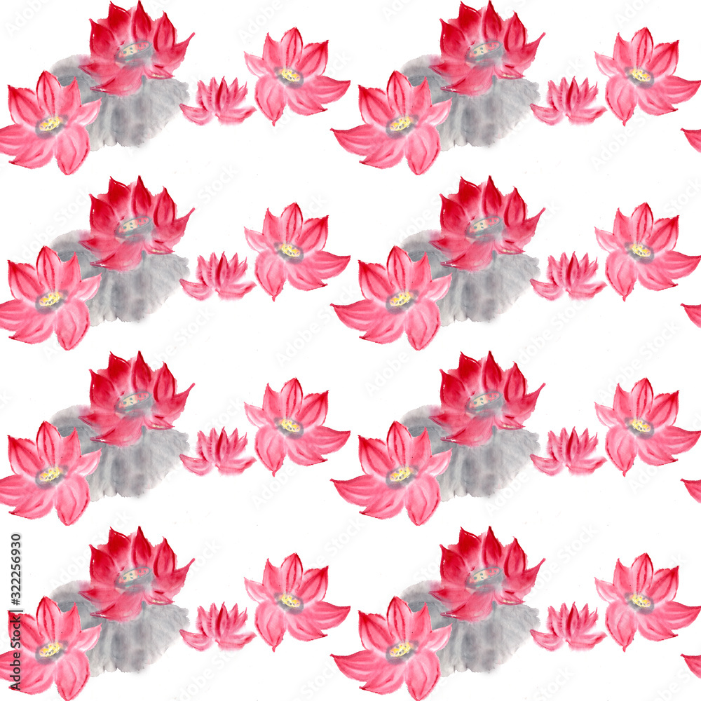 seamless pattern lotus in chinese ink style isolated on white background