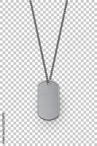 Empty silver military badge hanging on steel chain. Vector isolated army object on transparent background. Pendant with blank space for identification, blood type in case of death and injury.
