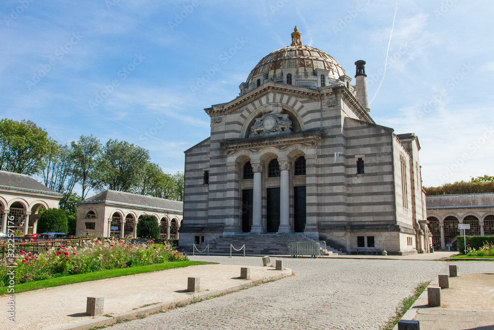 Père Lachaise Cemetery, Paris, France. Largest in France and the most visited necropolis in the world. Beautiful shot of the crematorium-columbarium on a sunny day.