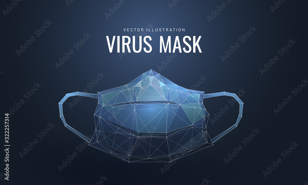 Protective face mask. Low poly wireframe style. Protection against viruses, bacteria, smog. Symbol of protection against the flu. Polygonal abstract isolated on blue background. Vector