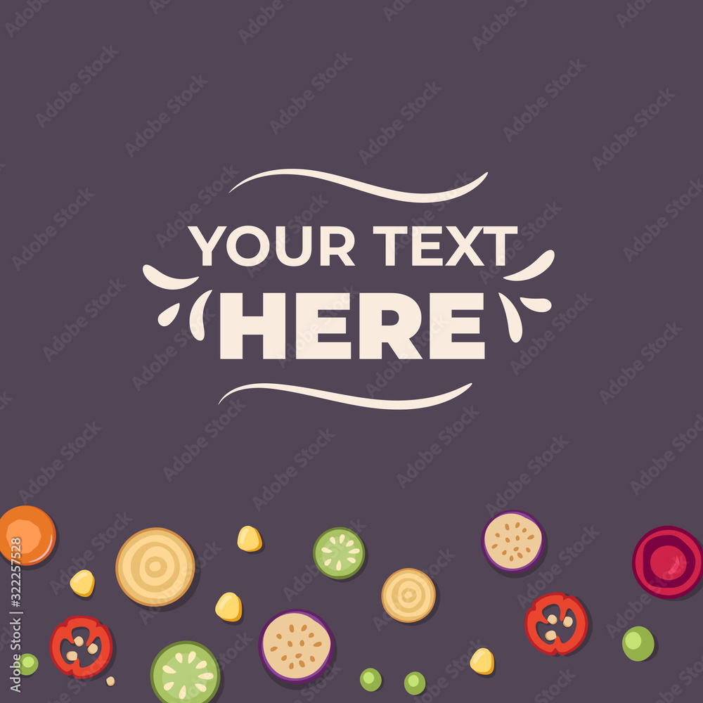 Fototapeta premium Square banner template with vegetable pieces on the bottom. Vector illustration.