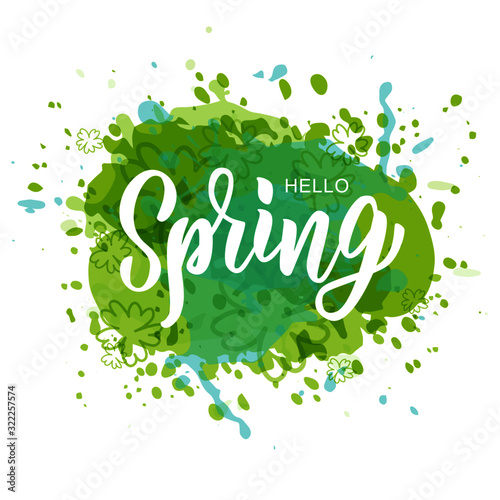 Hello spring hand lettering text as logotype, badge and icon, postcard, card, invitation, banner template. Special spring sale typography poster. Vector illustration.