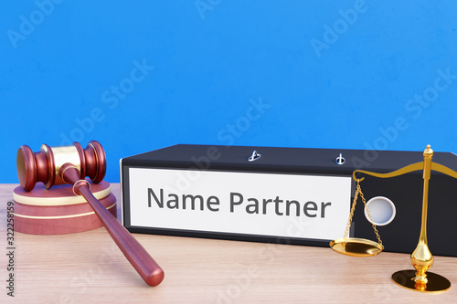 Obraz na płótnie Name Partner – Folder with labeling, gavel and libra – law, judgement, lawyer