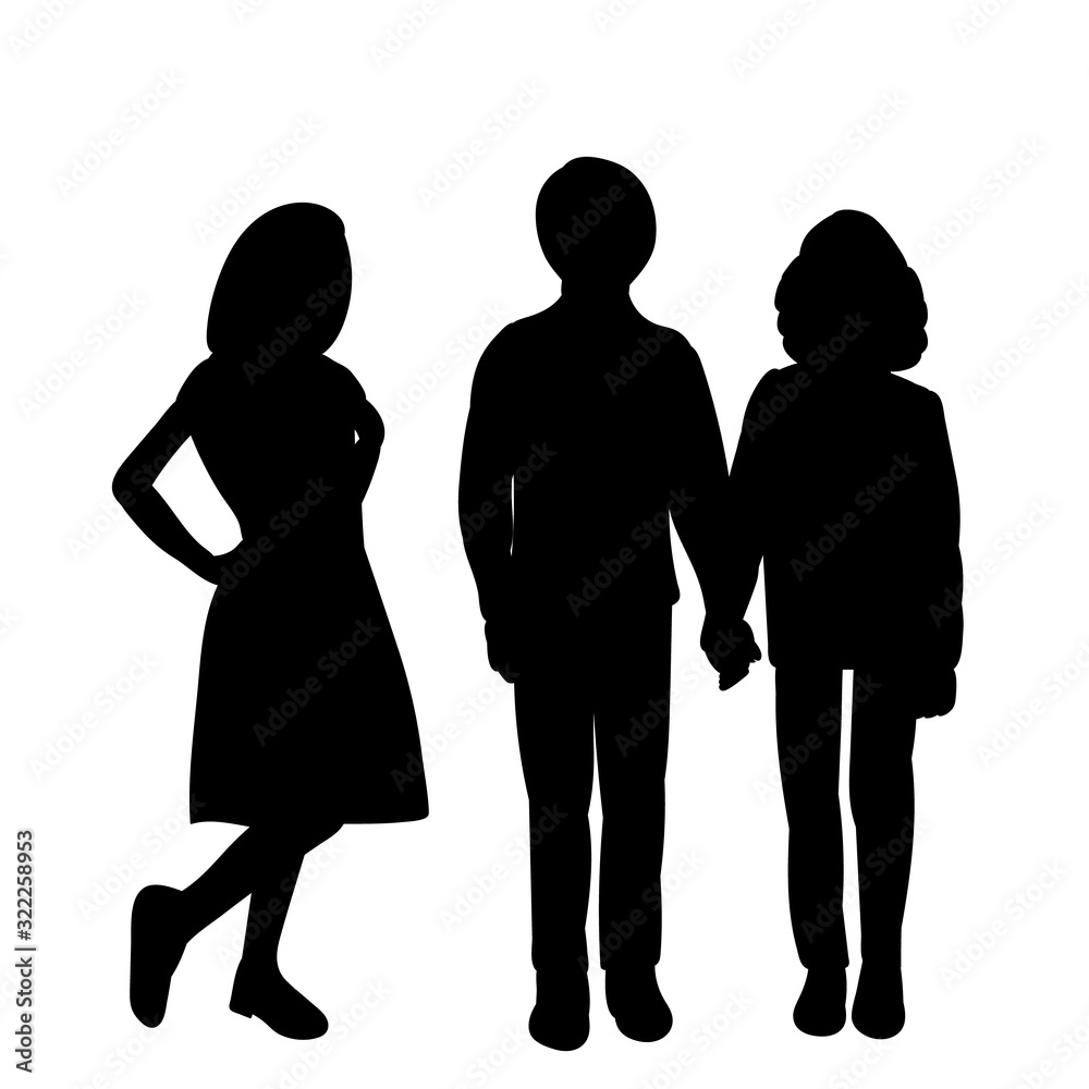 vector, isolated, black silhouette children stand, friendship