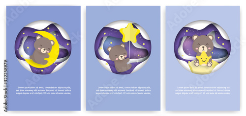 Set of template cards with Universe and cloud in paper art style. for birthday card , baby shower card.