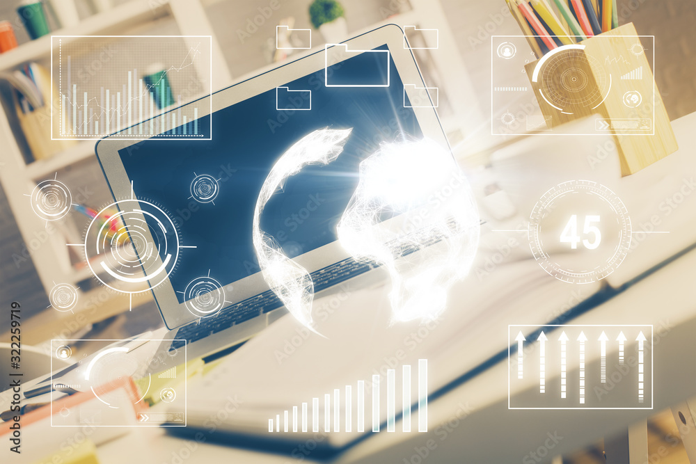 Forex market chart hologram and personal computer background. Multi exposure. Concept of investment. Forex market chart hologram and personal computer background. Multi exposure. Concept of investment.