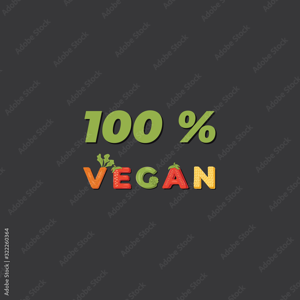 100% vegan - lettering label design. Vector illustration.