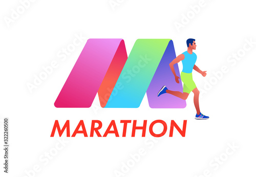 Marathon logo type. Running man. Sports competition, workout or exercise, athletics. Active lifestyle. Colorful vector illustration.