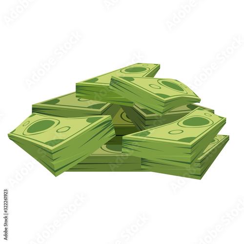 Stack of pile of dollars money with perspective view. Flat and solid color cartoon style vector illustration.