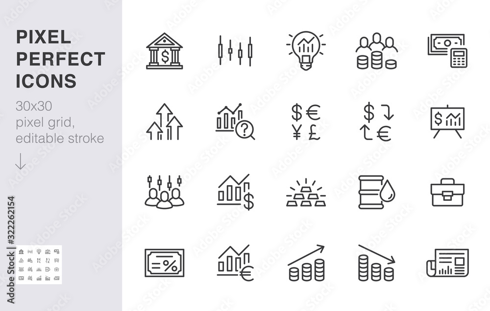 Investment line icon set. Stock market, bond, financial analysis, broker, income increase minimal vector illustration. Simple outline signs investor application. 30x30 Pixel Perfect. Editable Strokes