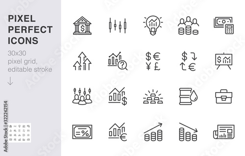 Investment line icon set. Stock market, bond, financial analysis, broker, income increase minimal vector illustration. Simple outline signs investor application. 30x30 Pixel Perfect. Editable Strokes