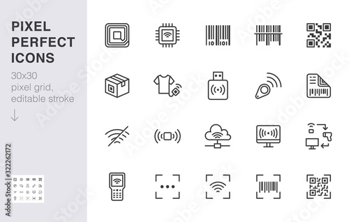 RFID, qr code, barcode line icon set. Price tag scanner label reader, identification microchip vector illustration. Simple outline signs retail safety application. 30x30 Pixel Perfect Editable Stroke